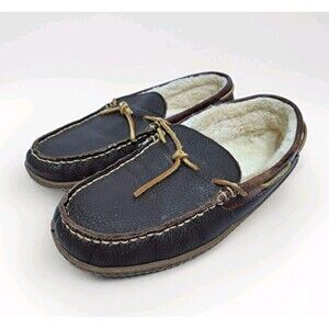 LL Bean Men's 8 Wicked Good Leather Shearling Moccasin Brown Slippers